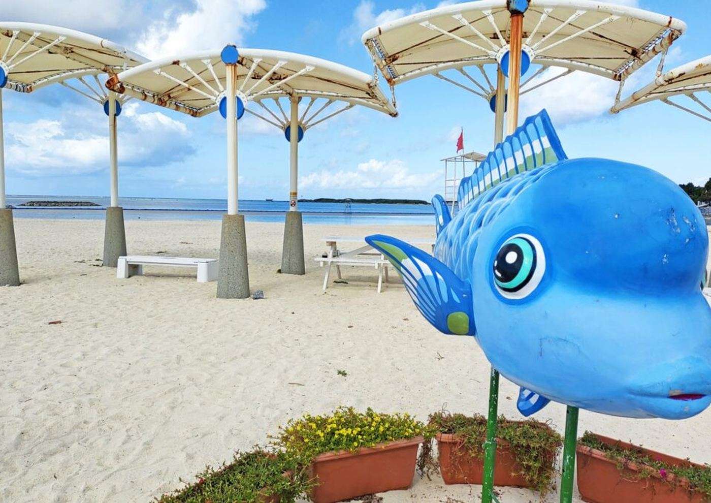 エメラルドビーチの砂浜に並ぶ日よけと、魚をかたどった造形物