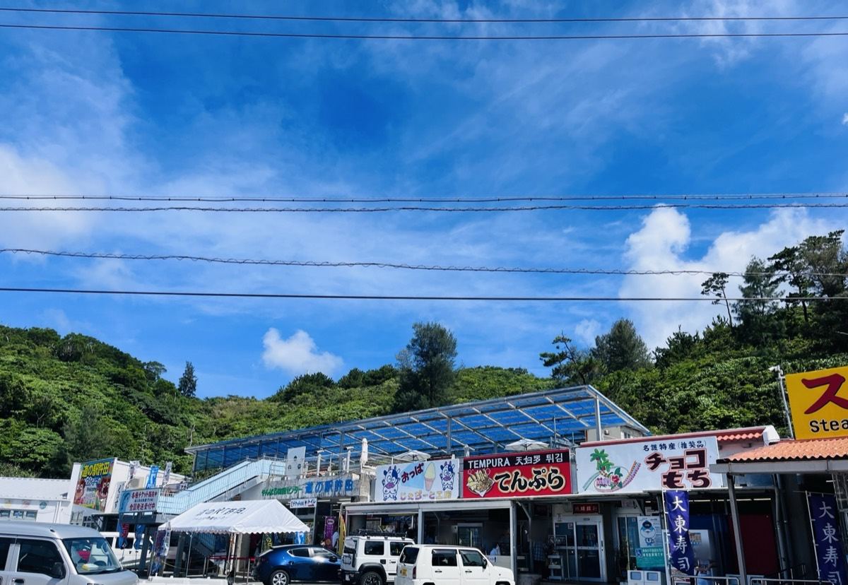 道の駅許田の店が並ぶ棟。てんぷら、チョコもち、大東寿司ののぼりが見える