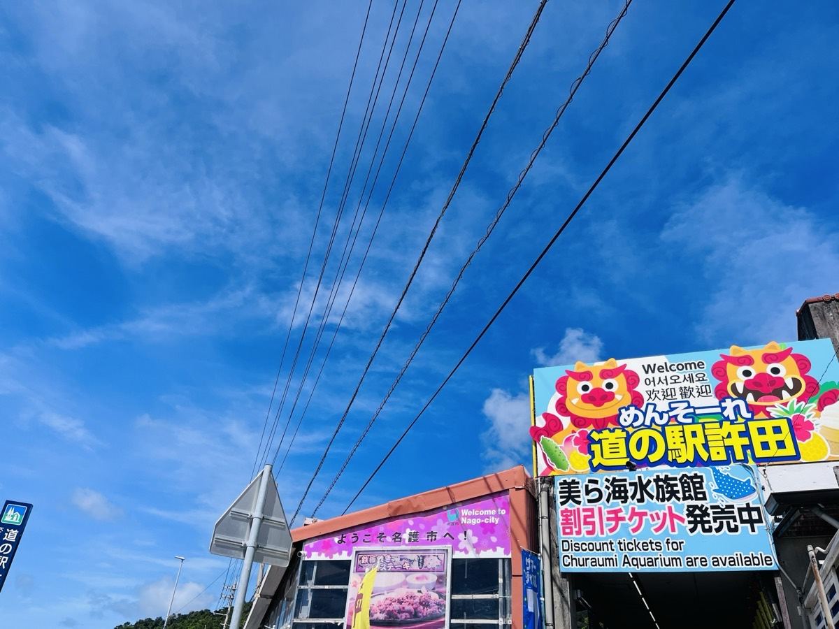 道の駅許田の「美ら海水族館 割引チケット発売中」と書かれた大きな看板