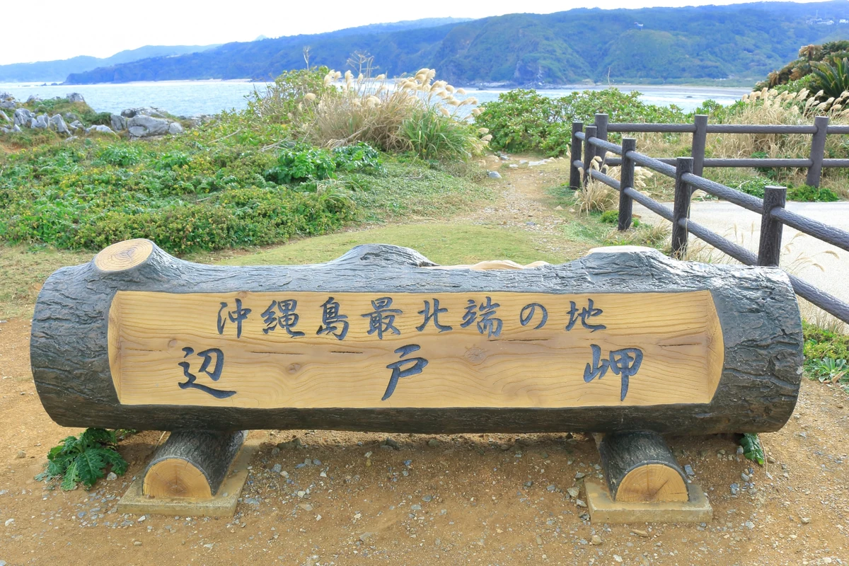 辺戸岬の「沖縄島最北端の地」と刻まれた丸太の看板と、その先に続く海岸線